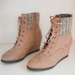 Beige Suede Wedge Knit Booties